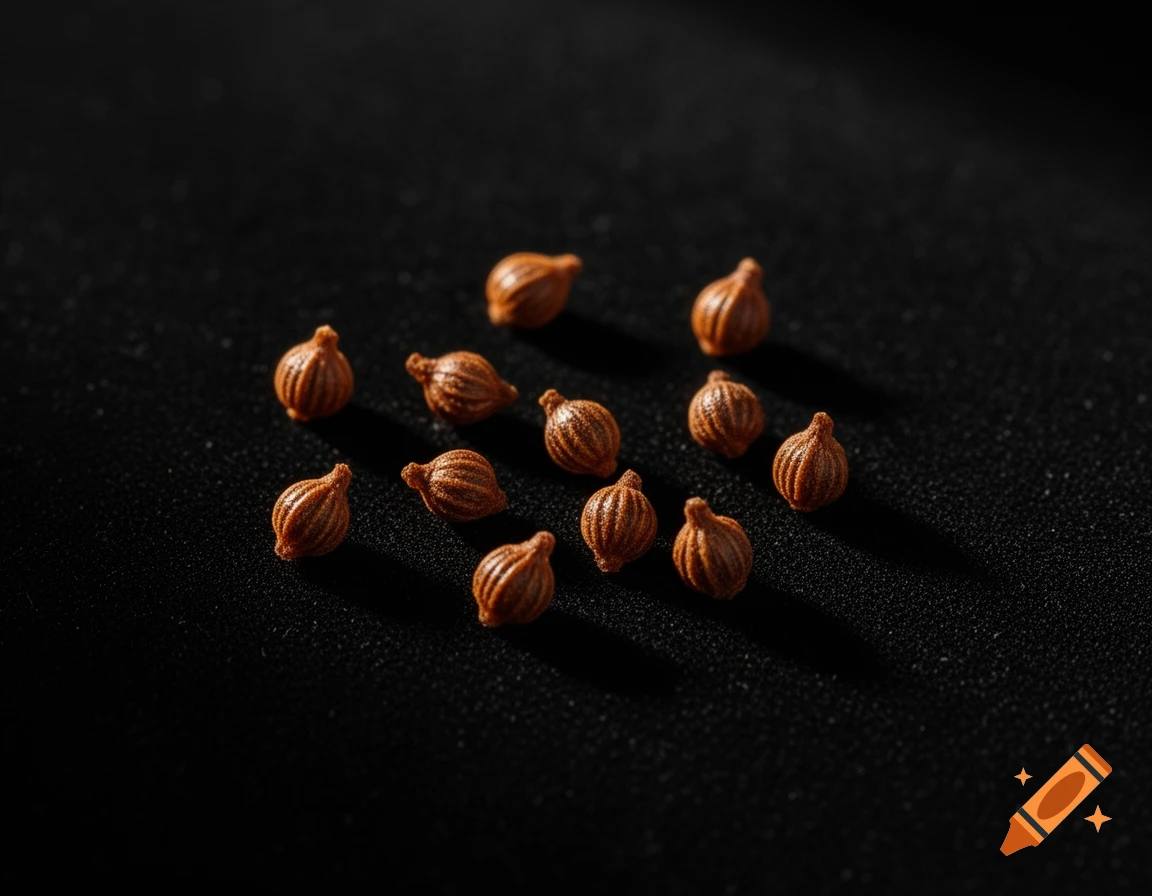 Small, ribbed brown seeds scattered on a dark, textured surface with subtle shadows.