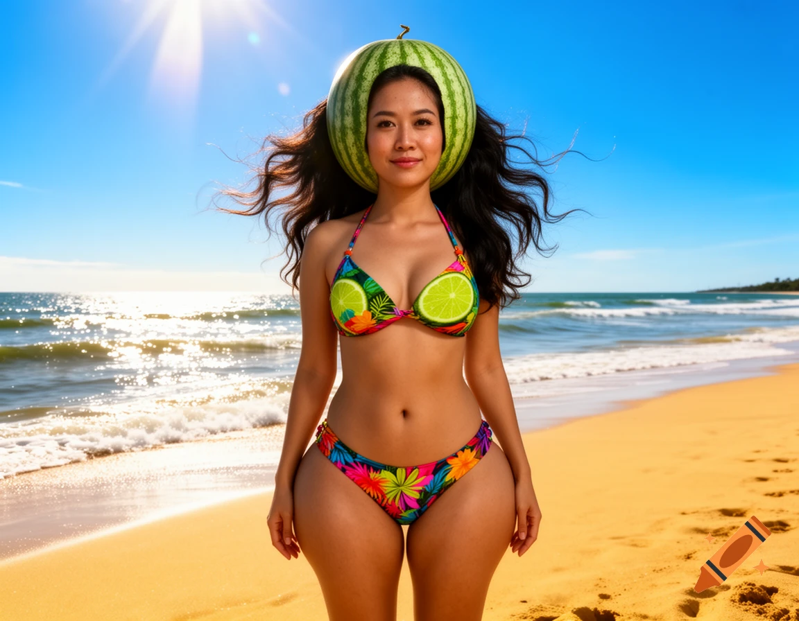 A woman with a watermelon-like head and lime slice bikini top stands on a sunny beach.