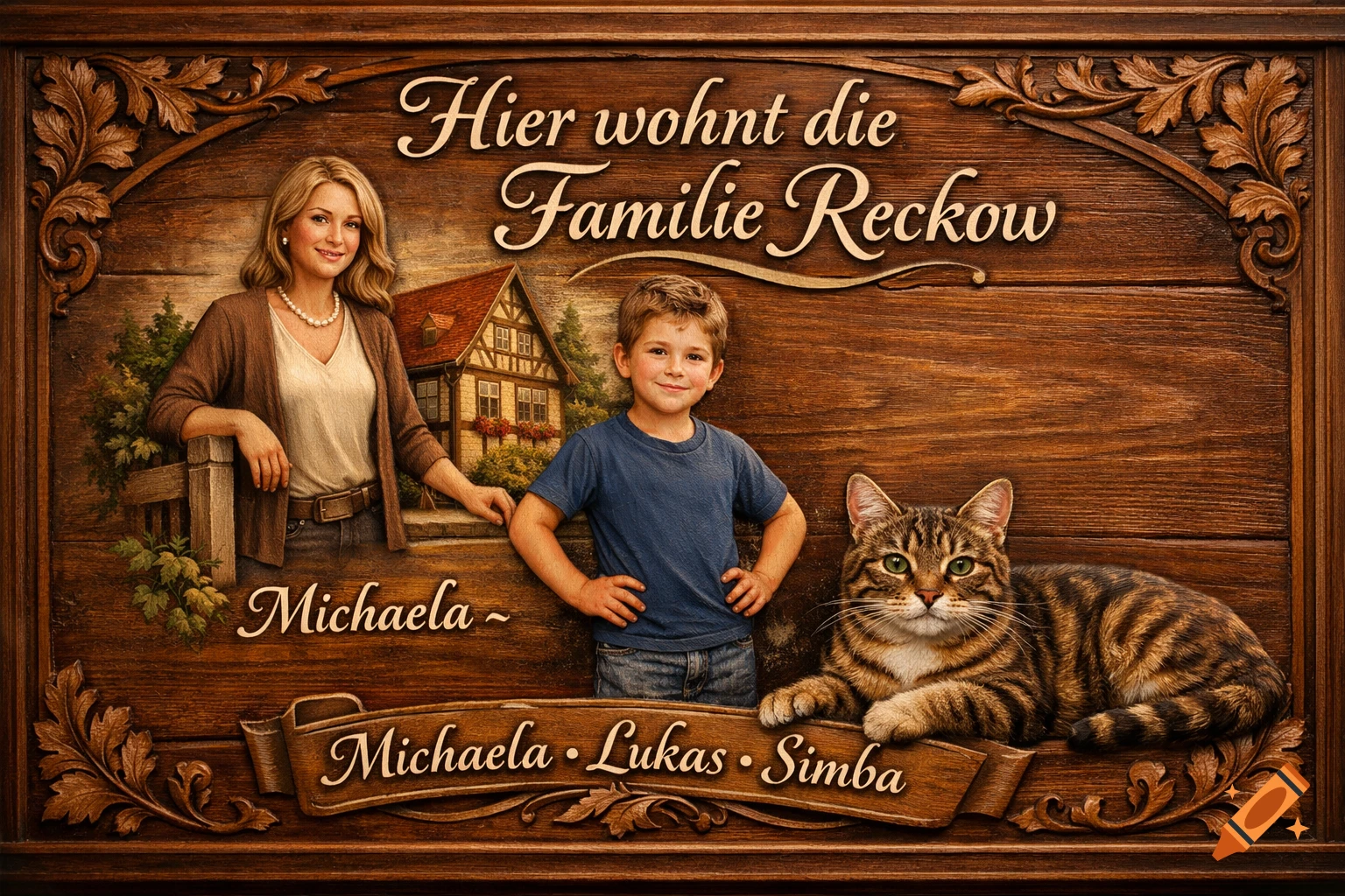 Carved wooden plaque featuring a woman, a boy, and a tabby cat, with text "Hier wohnt die Familie Reckow" and names Michaela, Lukas, Simba.