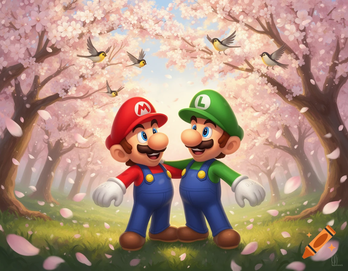 Mario and Luigi stand happily in a vibrant cherry blossom forest with birds flying, in a cartoon art style.