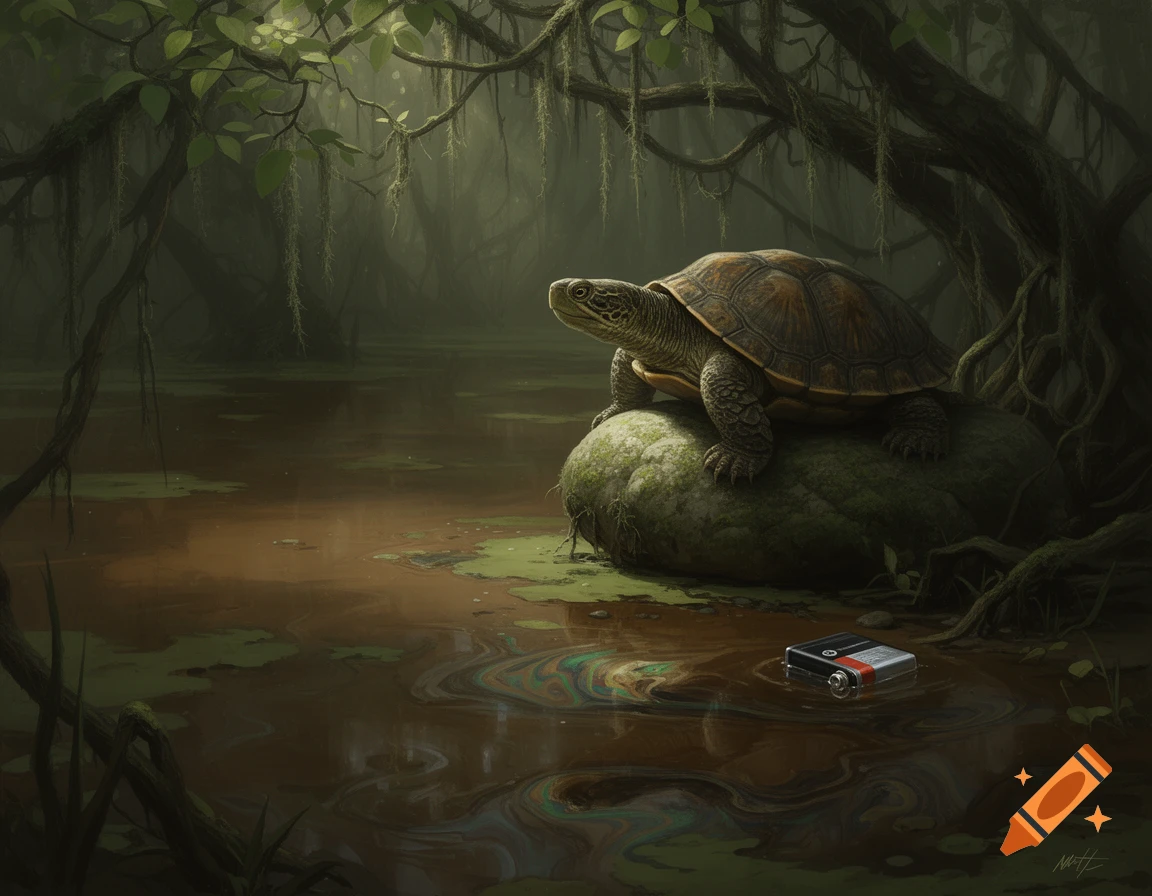 A photorealistic image of a swamp turtle on a rock observing a battery floating in murky, polluted water under dark trees.