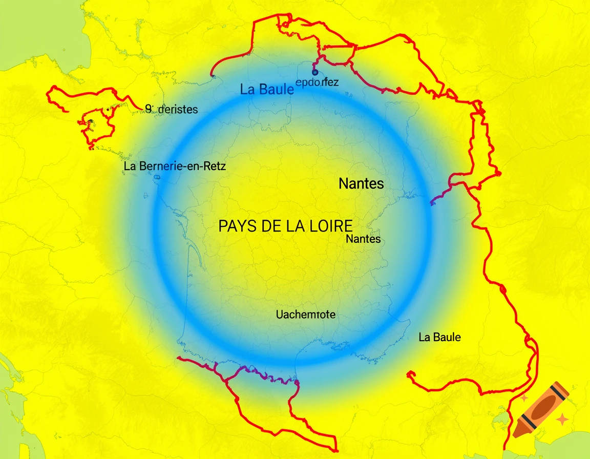 A yellow map of the Pays de la Loire region in France, with a transparent blue circle inside a red outline, showing cities like Nantes and La Baule.