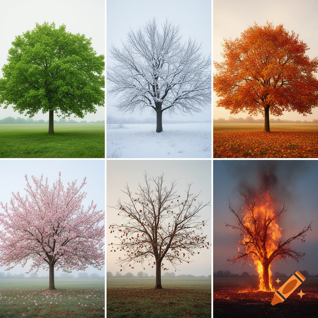 Six photorealistic panels of a single tree representing summer, winter, autumn, spring, late autumn, and a burning tree.