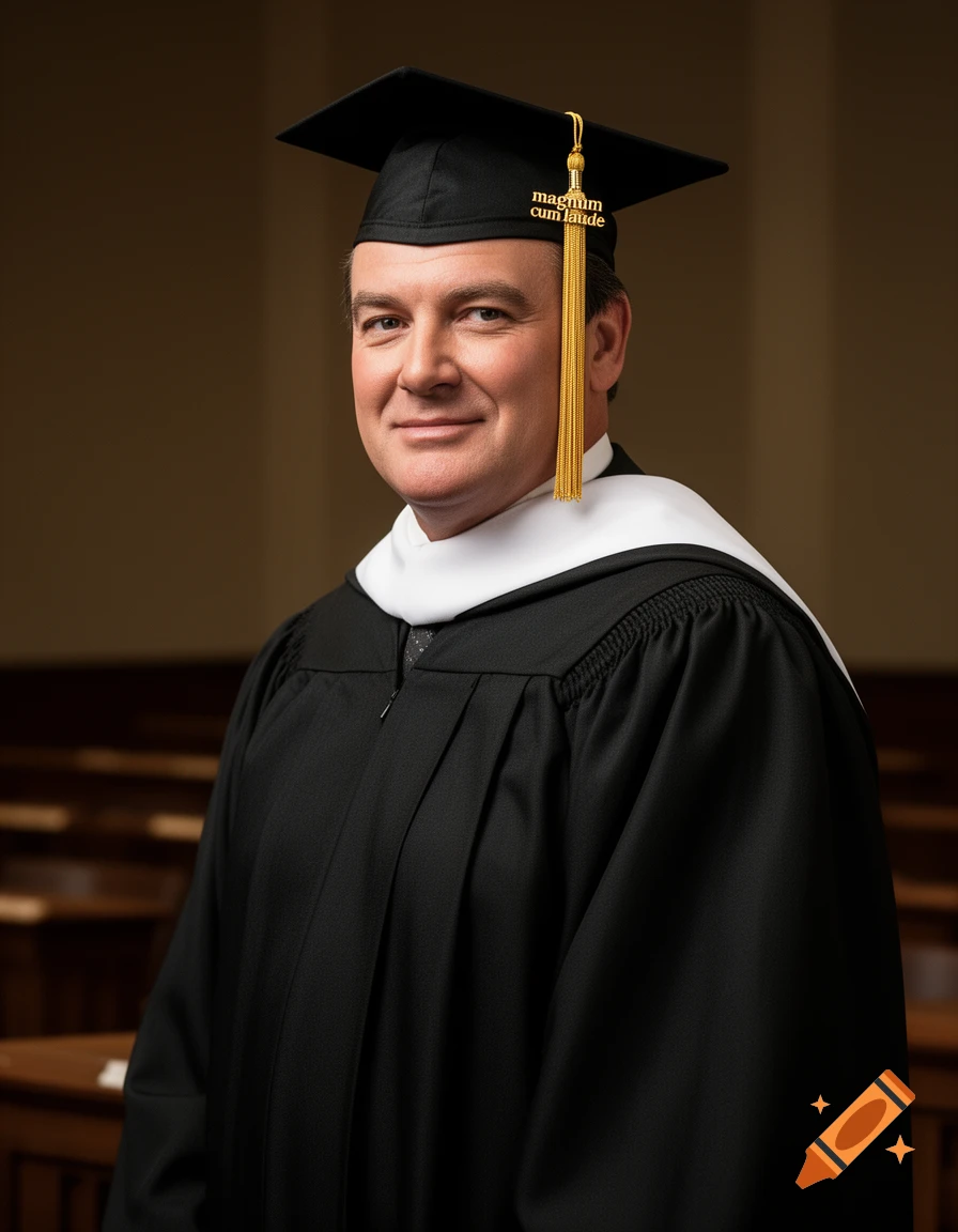Portrait of a man in a black graduation cap and gown with a gold 'magnum cum laude' tassel, smiling slightly.