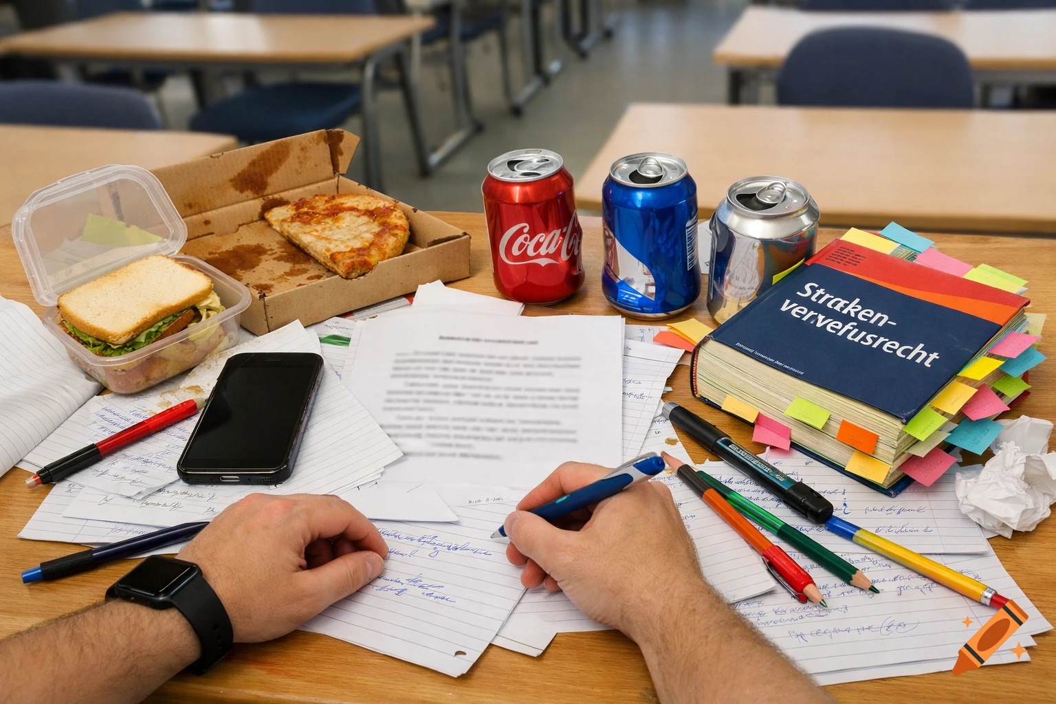 A cluttered student desk in a classroom, with hands writing. The table has papers, a sandwich, pizza, soda cans, a phone, a smartwatch, and a thick book with many post-it notes.
