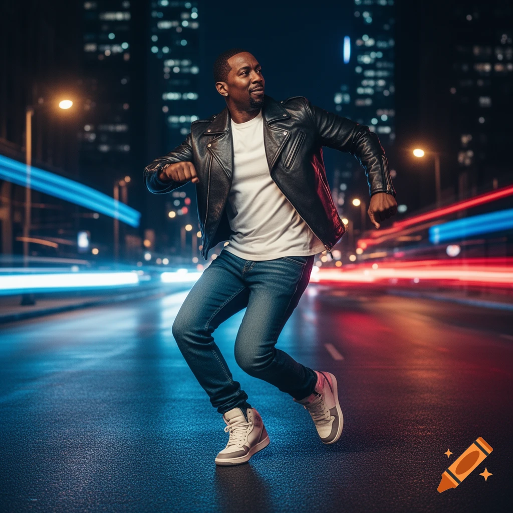 A Black man in a leather jacket and jeans dances energetically on a wet city street at night, with blurred blue and red light trails in the background.