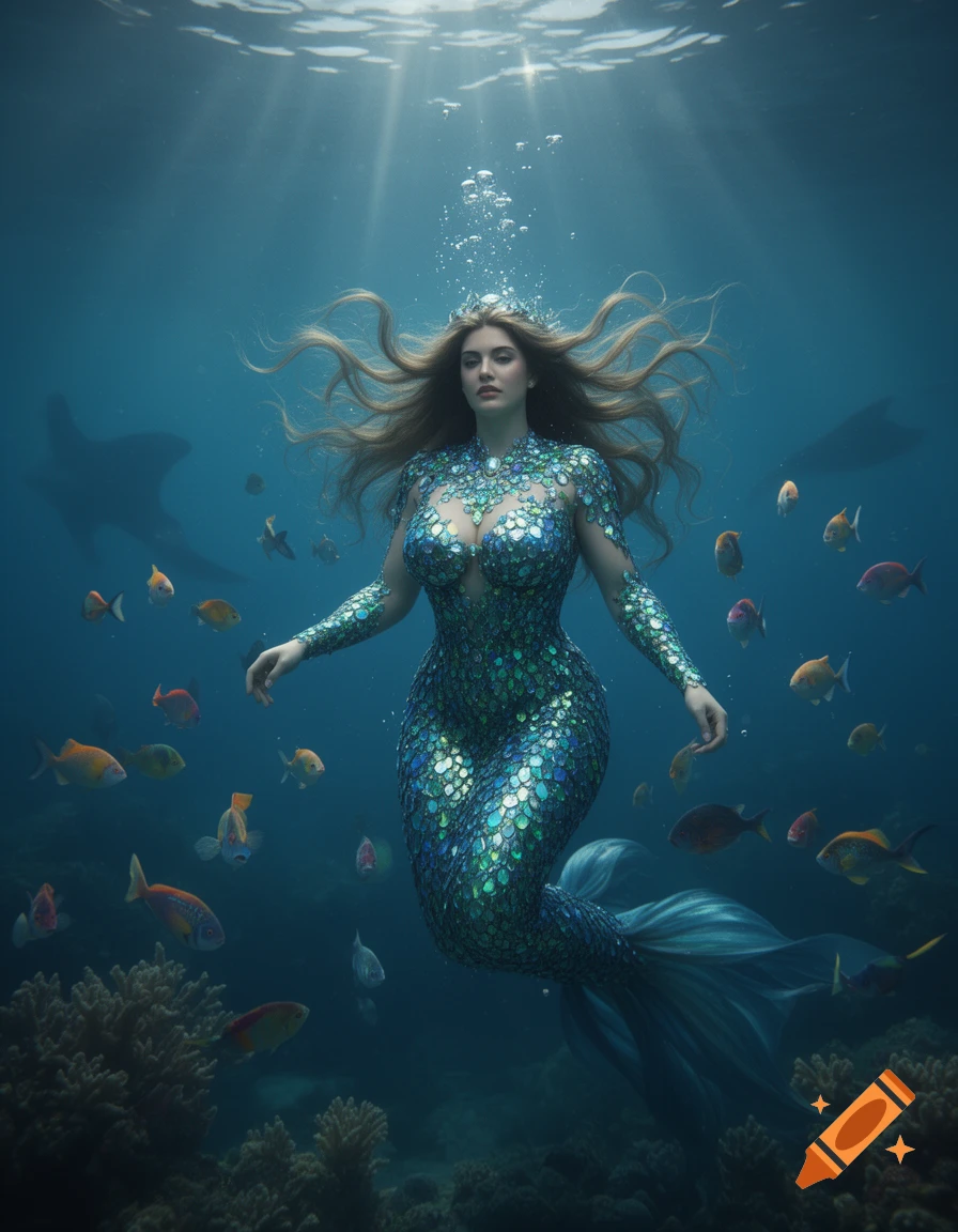 Photorealistic mermaid with flowing hair and a shimmering scaled tail swims underwater among colorful fish and coral, with light rays from the surface.