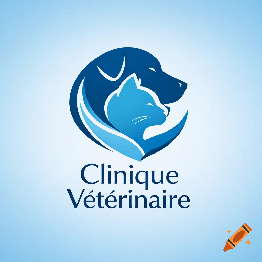 Blue logo featuring a stylized dog and cat head, with the text 'Clinique Vétérinaire' below.