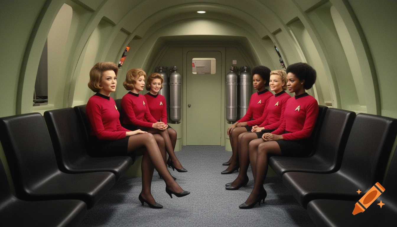 Five female Starfleet officers in red uniforms and nylons seated inside a 1960s-style Star Trek shuttlecraft cabin.