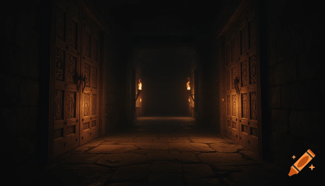 A dark, mysterious stone corridor lit by glowing torches, with ornate ancient wooden doors on either side, creating a cinematic atmosphere.