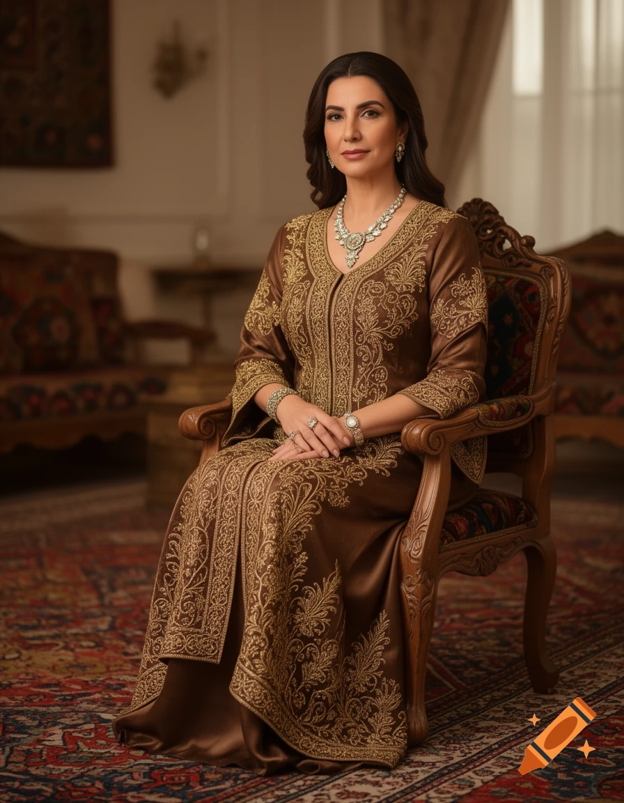 A photorealistic portrait of a woman in a brown embroidered dress and jewelry, sitting on an ornate chair in a richly decorated room.
