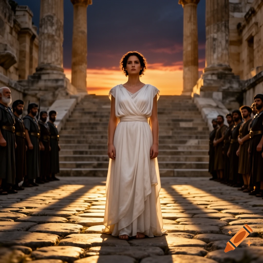A woman in a white chiton stands stoically between two lines of men in an ancient Greek temple at sunset.
