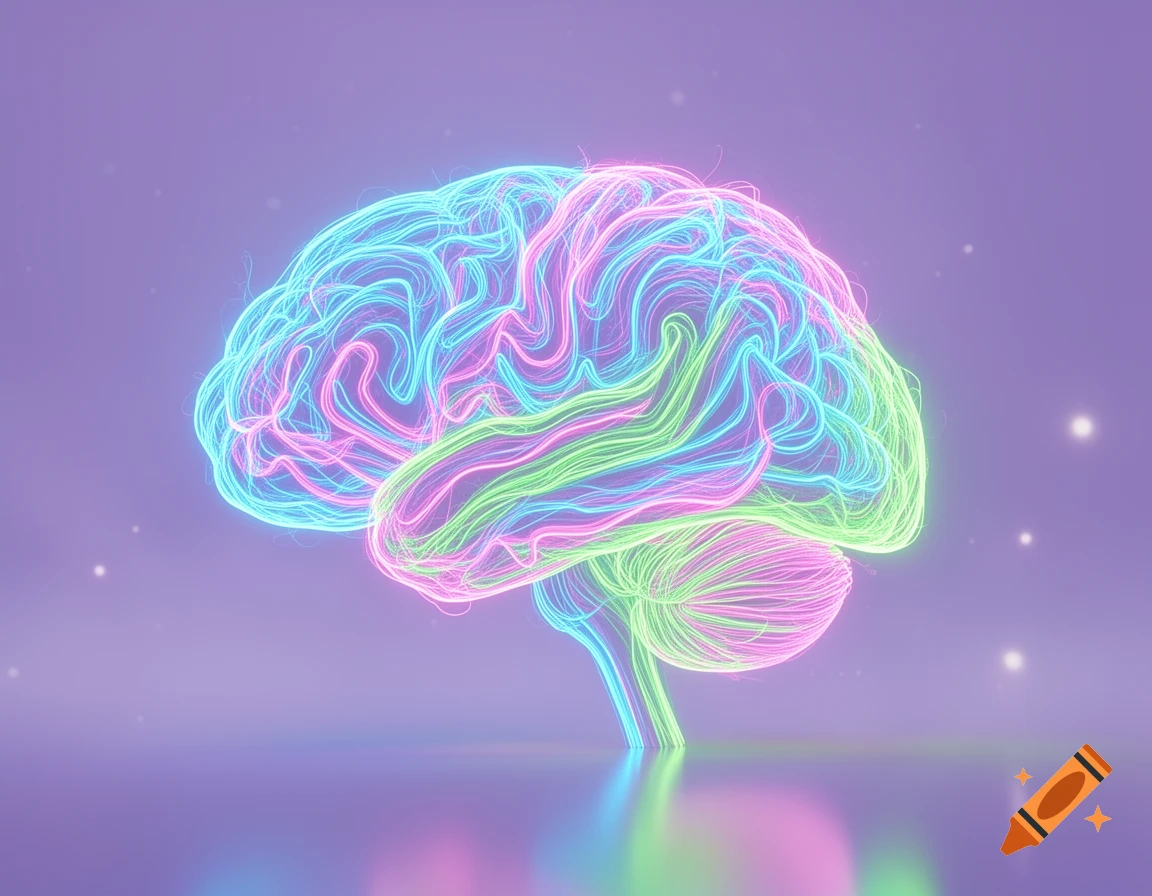 A glowing human brain formed by blue, pink, and green neon lines on a pastel purple background.