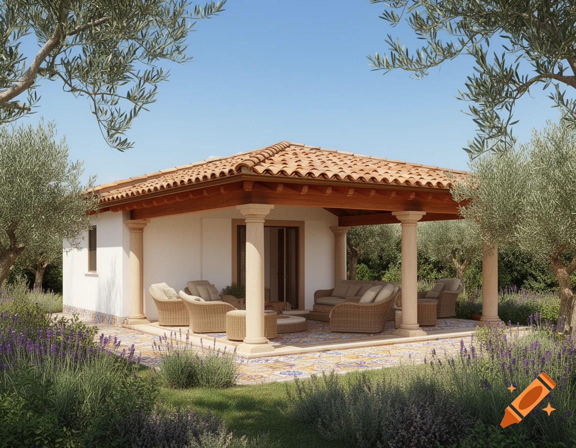 Photorealistic Mediterranean garden house with a covered patio, surrounded by olive trees and lavender under a blue sky.
