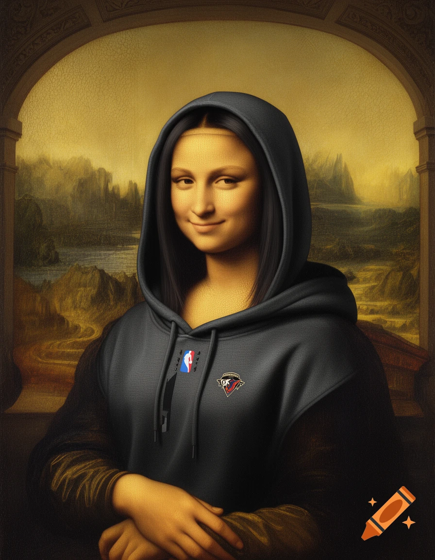 A modern rendition of the Mona Lisa, wearing a dark grey hoodie with an NBA logo, against her classic landscape background.