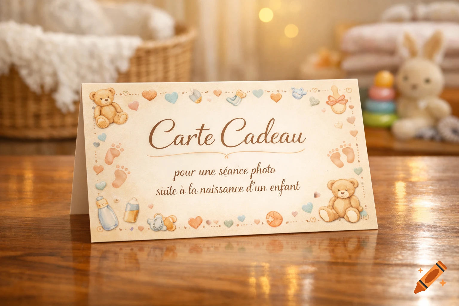 A baby gift card for a photo session, decorated with teddy bears and baby items, on a wooden table with blurred baby toys in the background.