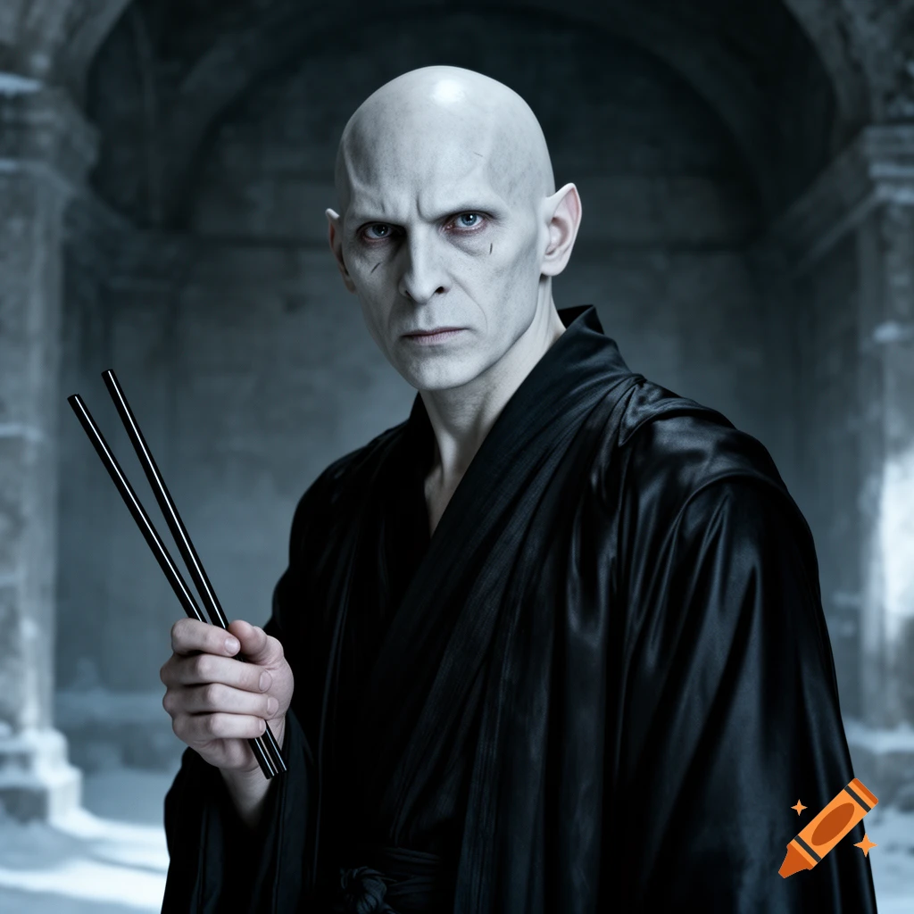 A pale, bald man resembling Lord Voldemort, wearing a black robe, holds black chopsticks with an intense expression in a dark stone hall.