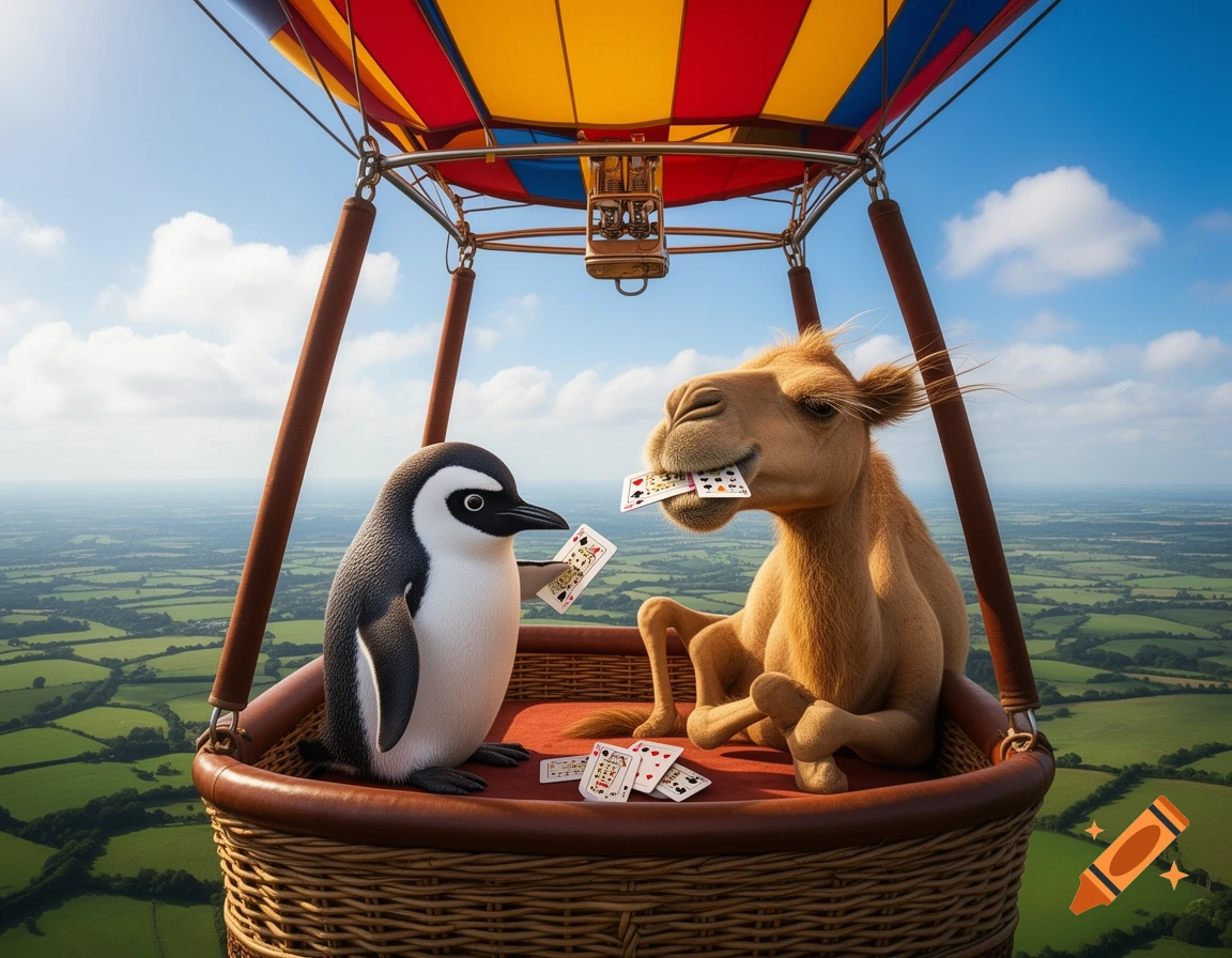 A photorealistic image of a penguin and a camel playing cards in a hot air balloon, high above a green landscape with blue skies.