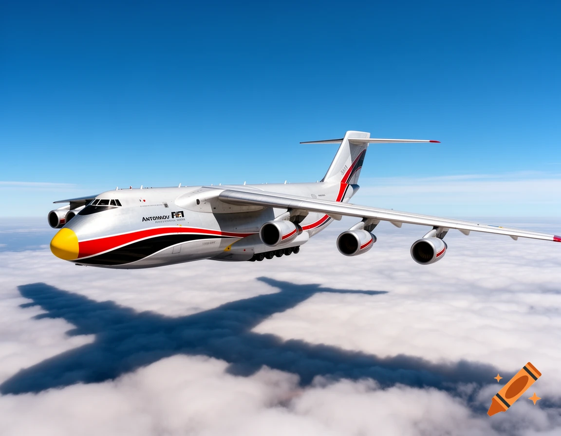 A large silver cargo plane with red, black, and yellow livery flies high above white clouds under a clear blue sky.