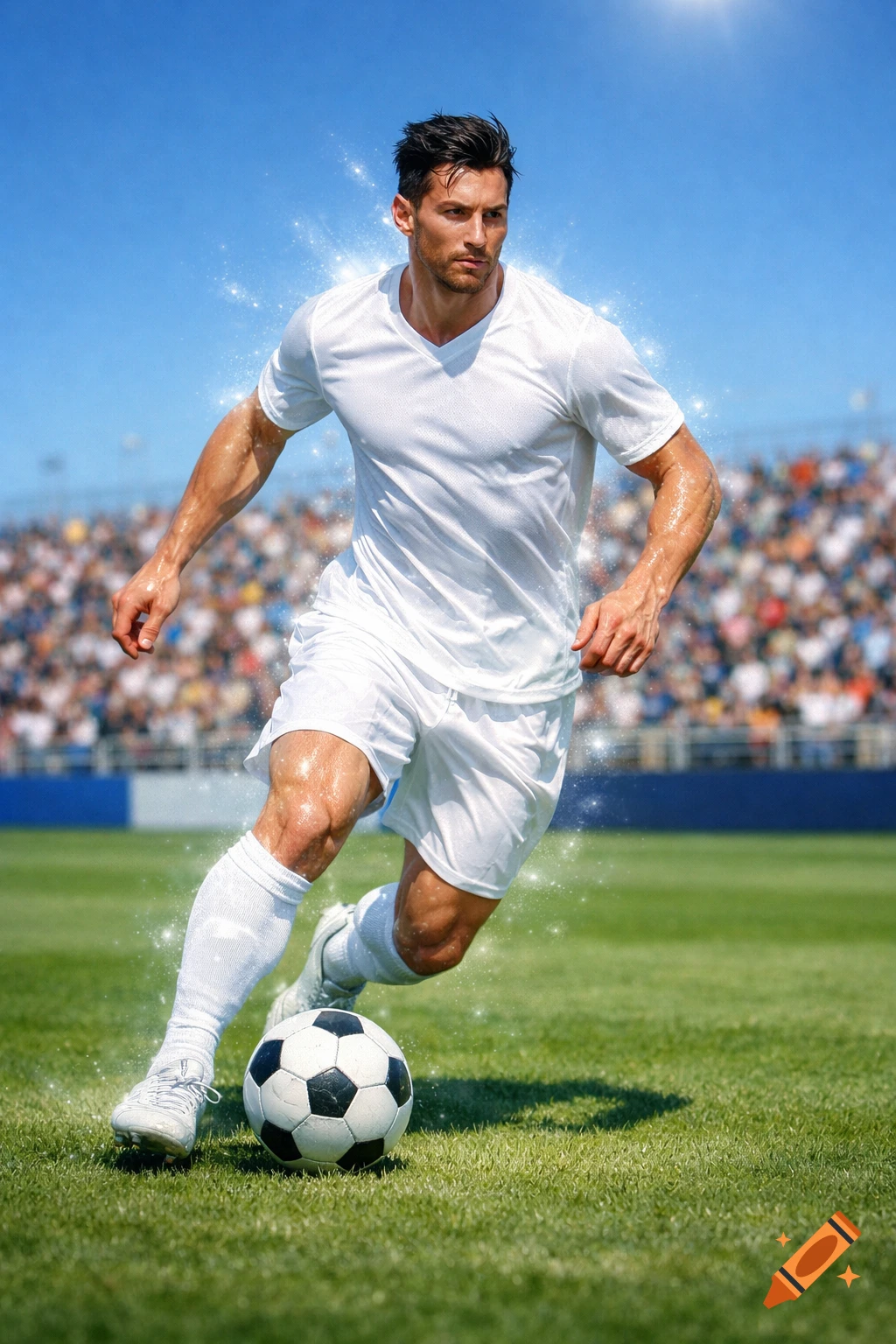 A male soccer player in a white uniform dribbles a ball on a sunny stadium field, with sparkling light effects.