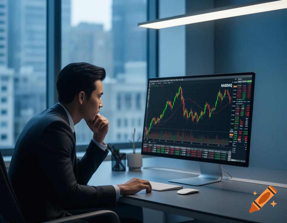 A thoughtful man in a suit looks intently at a computer screen displaying a green and red stock market graph in a modern office.