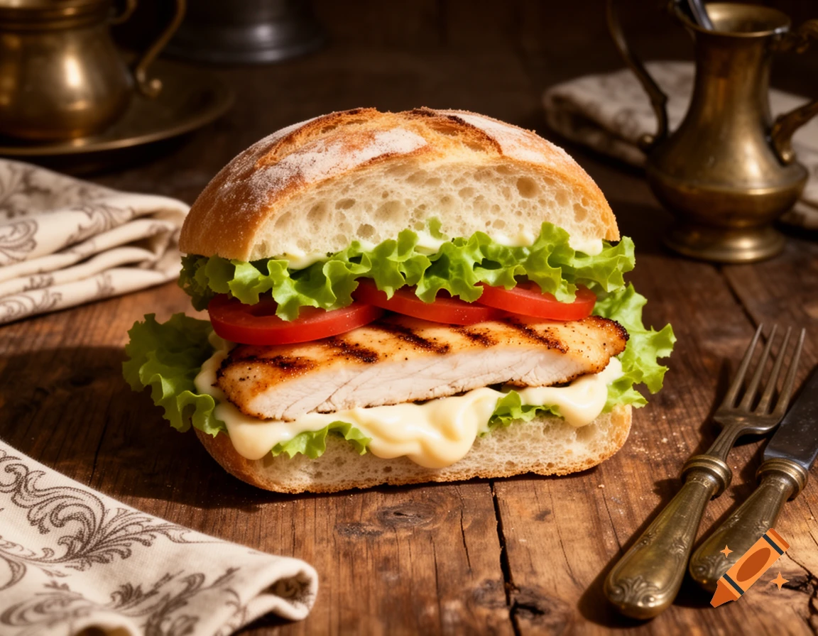A close-up of a grilled chicken sandwich with lettuce, tomatoes, and mayonnaise on a rustic wooden table with antique brassware and patterned cloth.