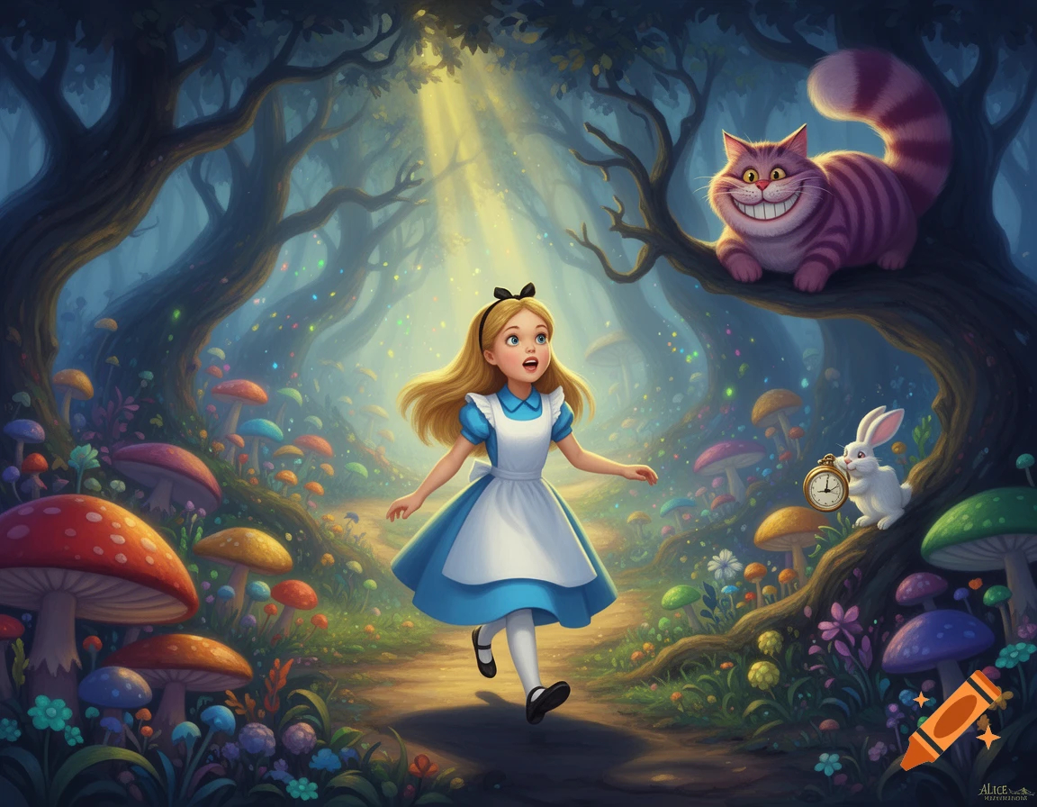 Alice runs through a vibrant, magical forest with giant mushrooms. The Cheshire Cat grins from a tree, while the White Rabbit checks his pocket watch.