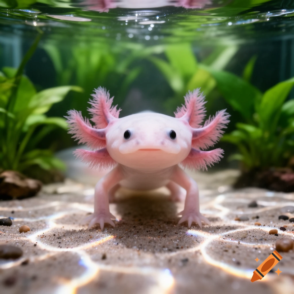 A cute pink axolotl with feathery gills sits on a sandy bottom in an aquarium with green plants in the background.