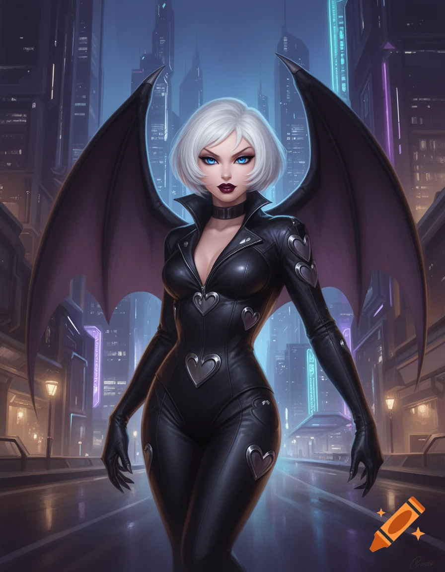 A white-haired woman with bat wings in a black leather catsuit with heart buckles stands in a neon-lit futuristic city, digital art.