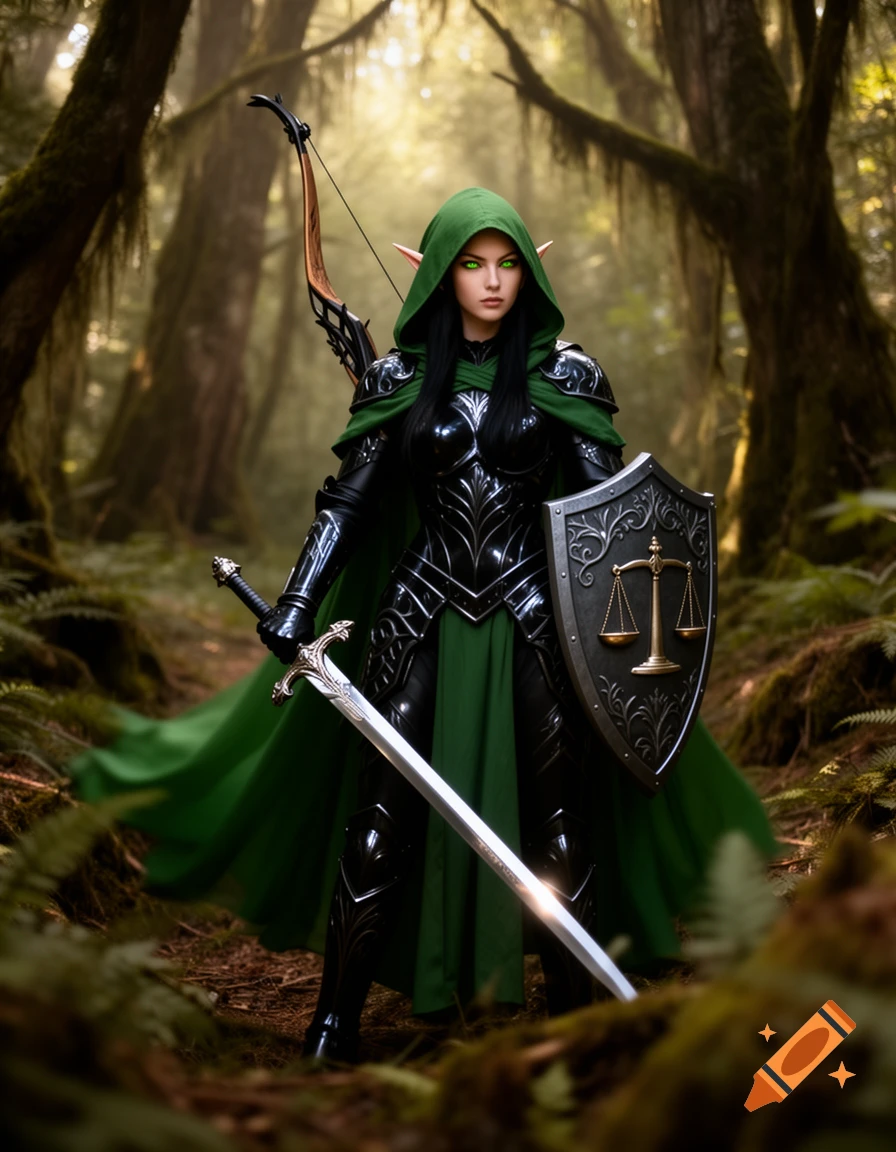 A female wood elf paladin in black armor and a green hooded cloak stands in a forest, holding a long sword and a shield with balancing scales.