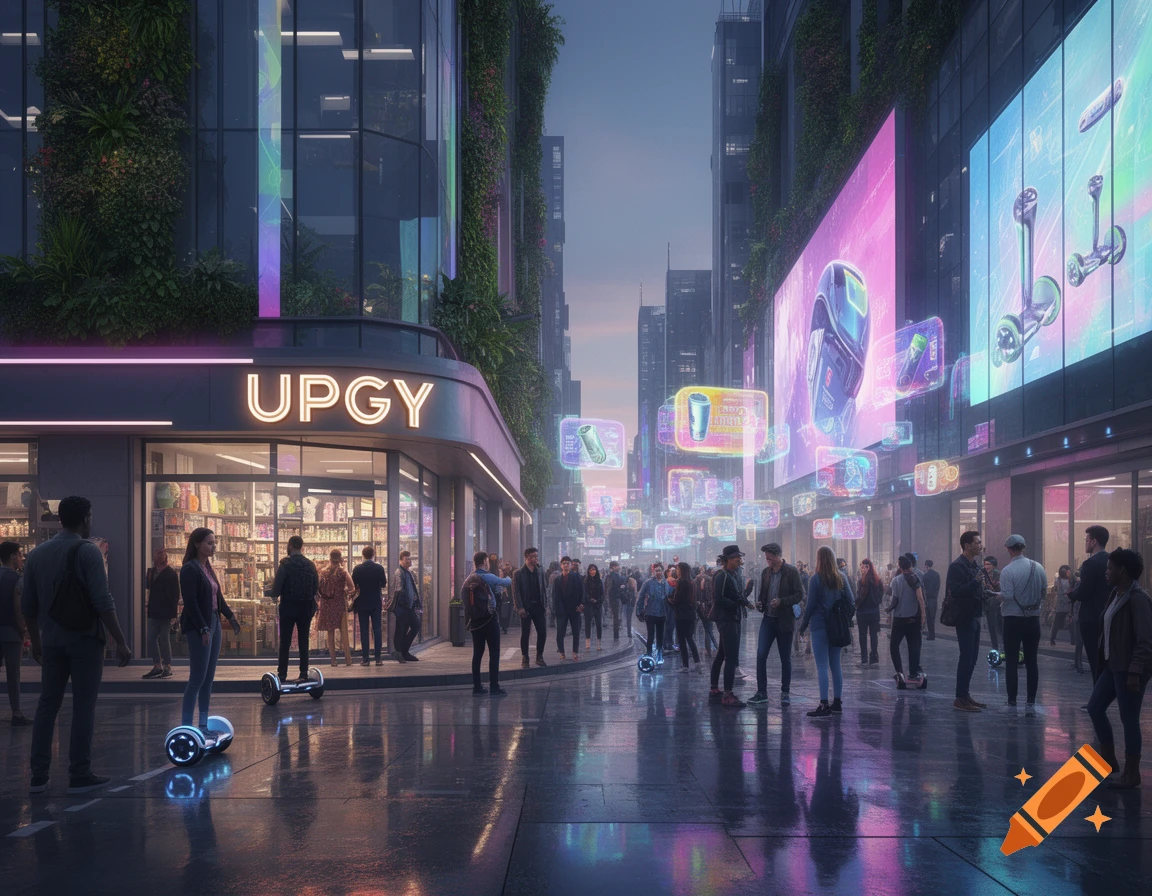 A vibrant futuristic city street at dusk, with glowing neon signs ...