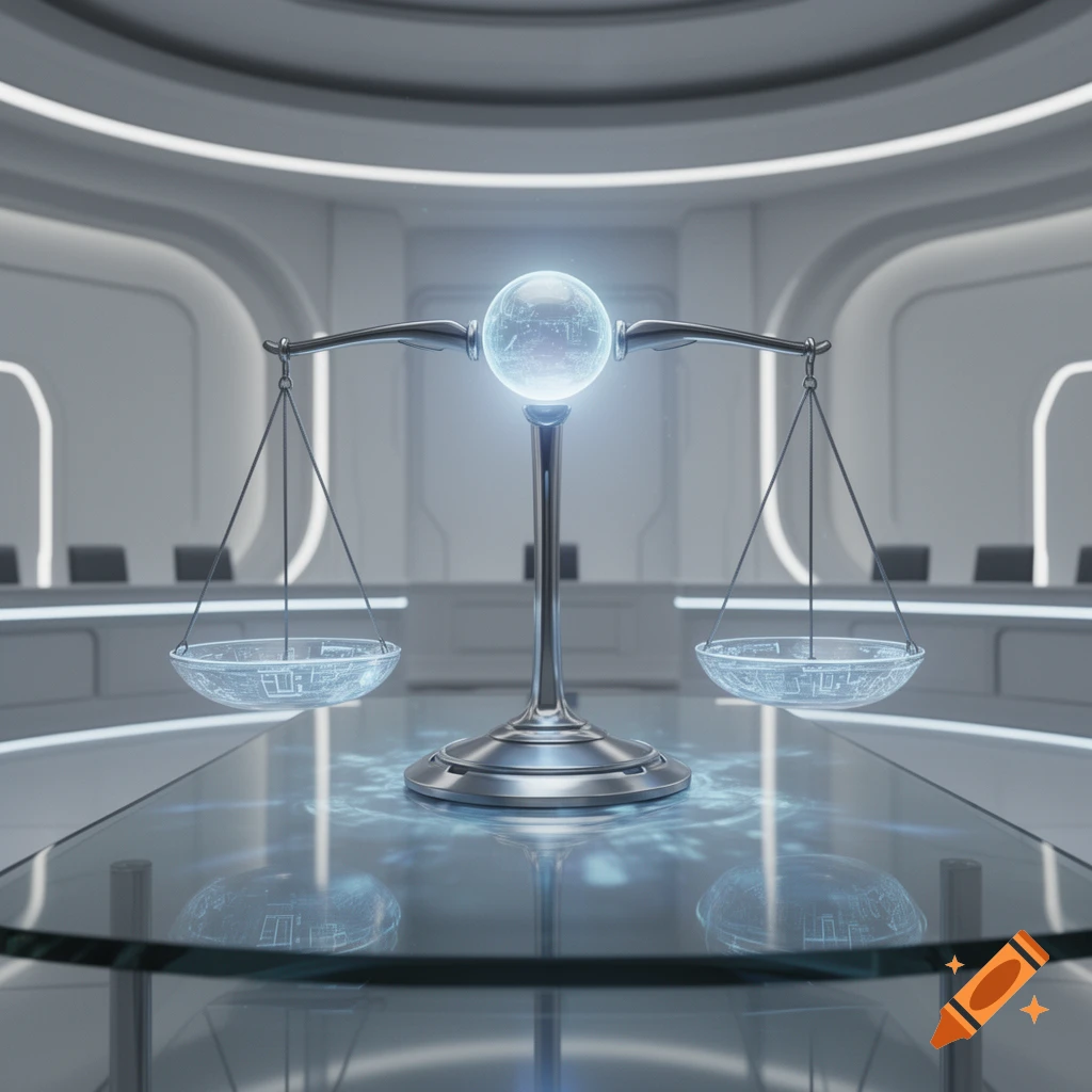 A futuristic, glowing balance scale on a reflective table in a sleek, white sci-fi courtroom.