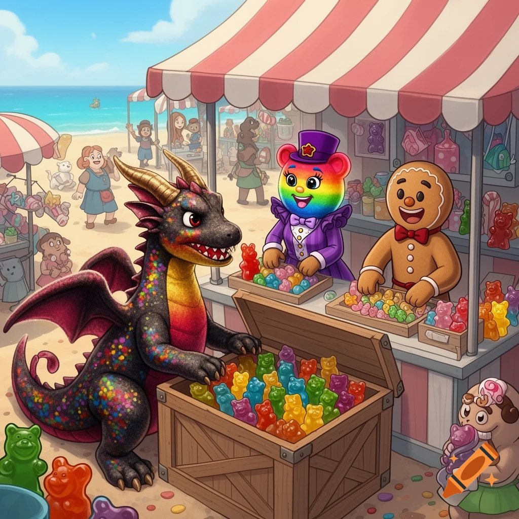 A cartoon rainbow-speckled dragon and two anthropomorphic candy merchants at a bustling candy-themed beach market.