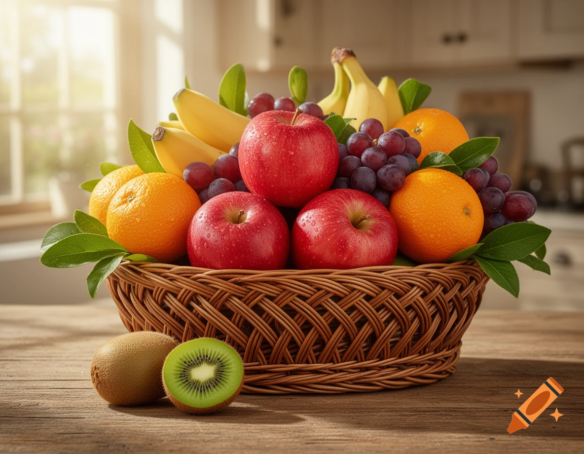 A photorealistic close-up of a woven basket filled with red apples, oranges, bananas, and grapes on a wooden table, with kiwi.