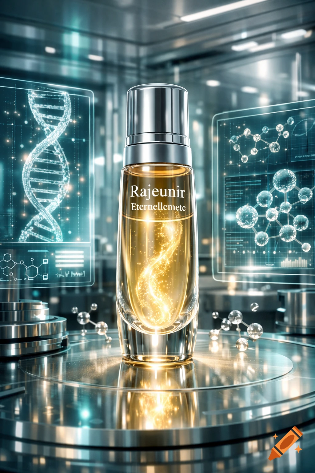 Photorealistic anti-aging serum bottle in a futuristic lab with glowing DNA and molecular structures on holographic screens.