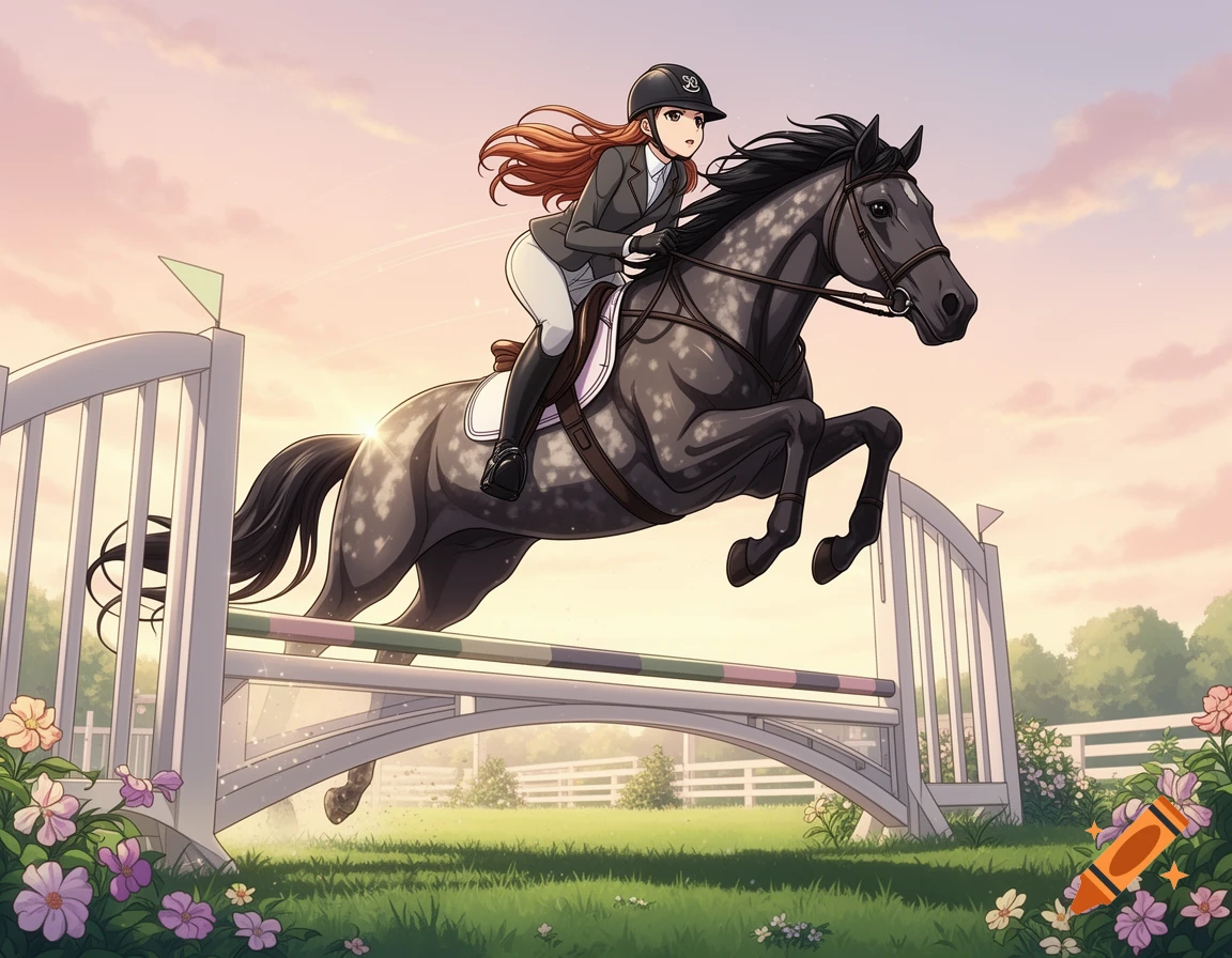 An anime-style female rider on a dappled gray horse jumps a white fence obstacle in a grassy field at sunset.
