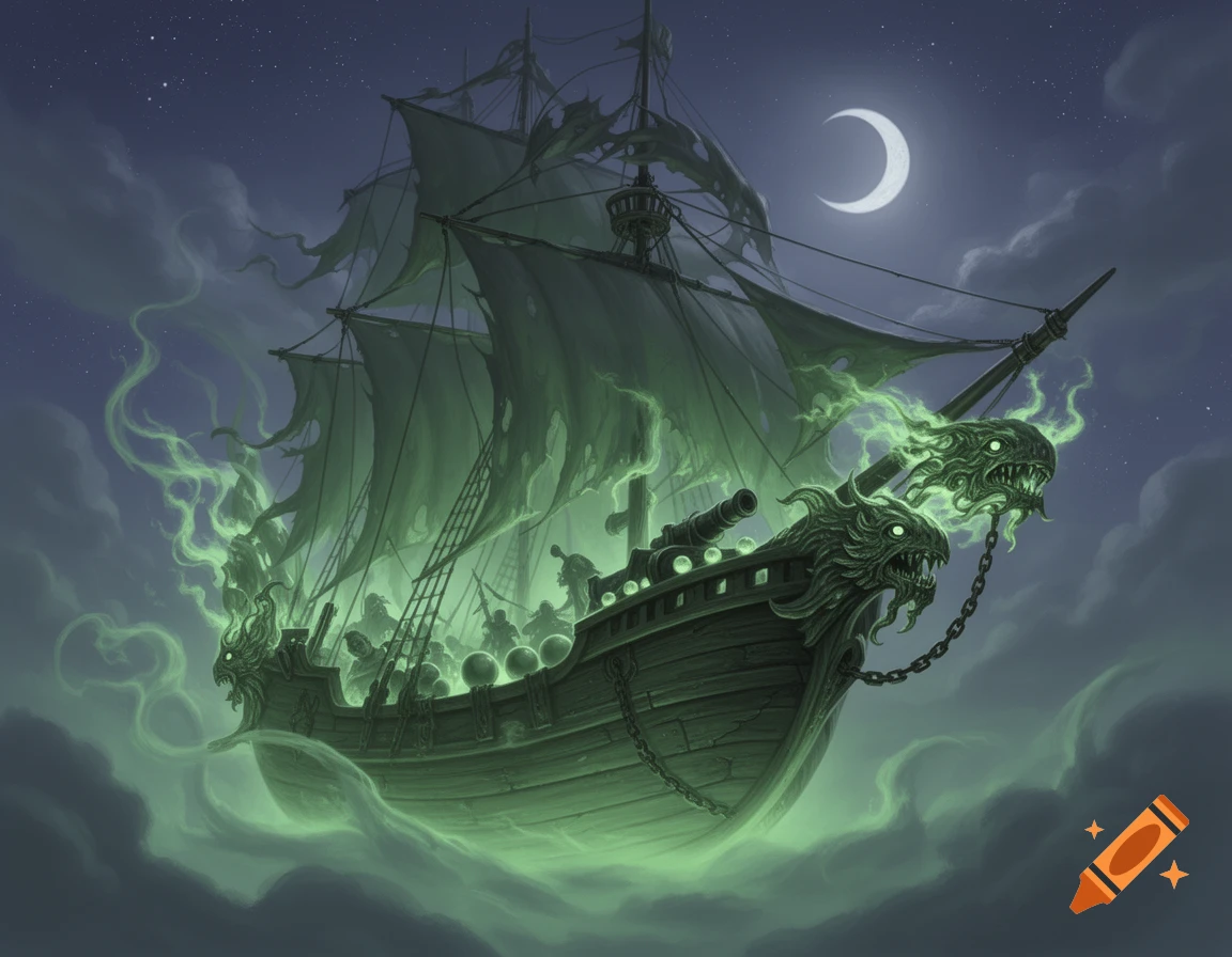 Green ghost ship with tattered sails flying through a dark, cloudy night sky under a crescent moon, in a fantasy art style.