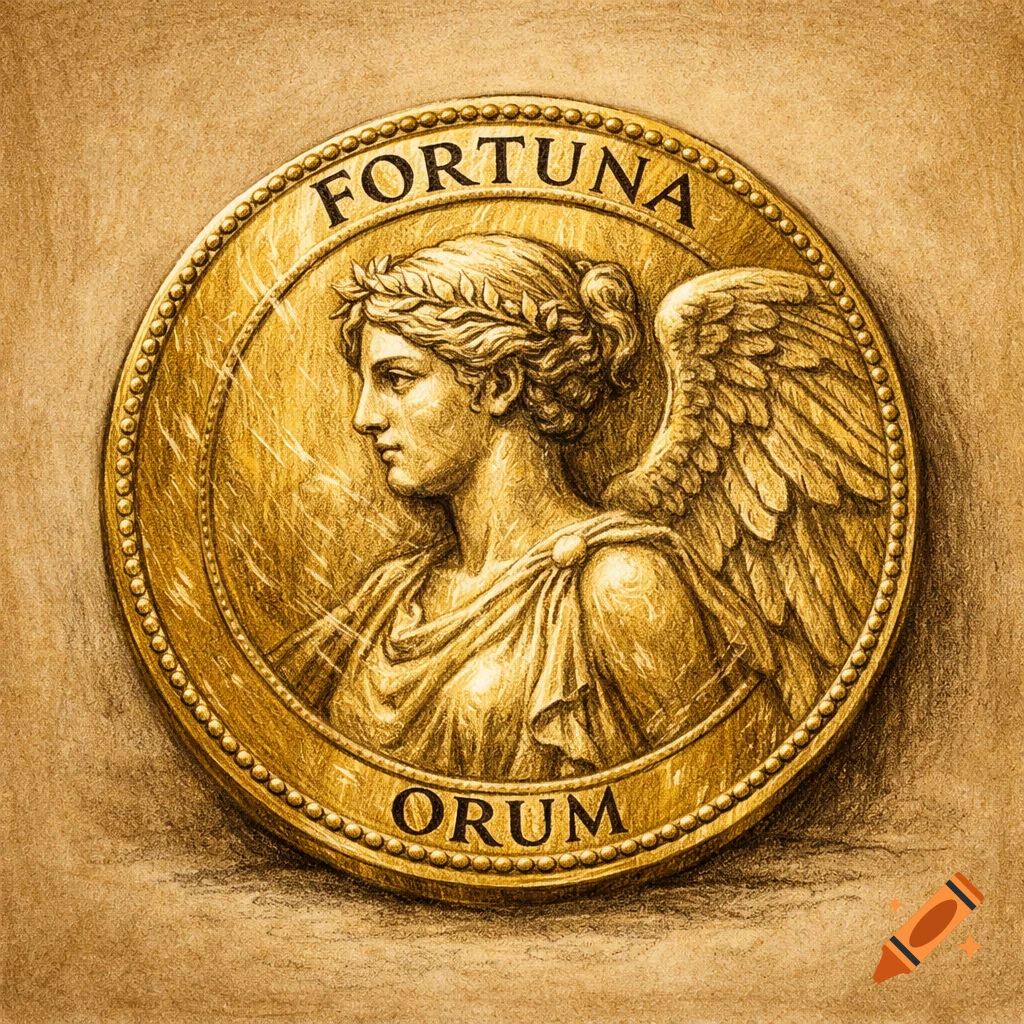 A golden coin features a classical female figure with wings and a laurel wreath in profile, with 'FORTUNA' and 'ORUM' inscribed on the border, rendered in an antique drawing style.