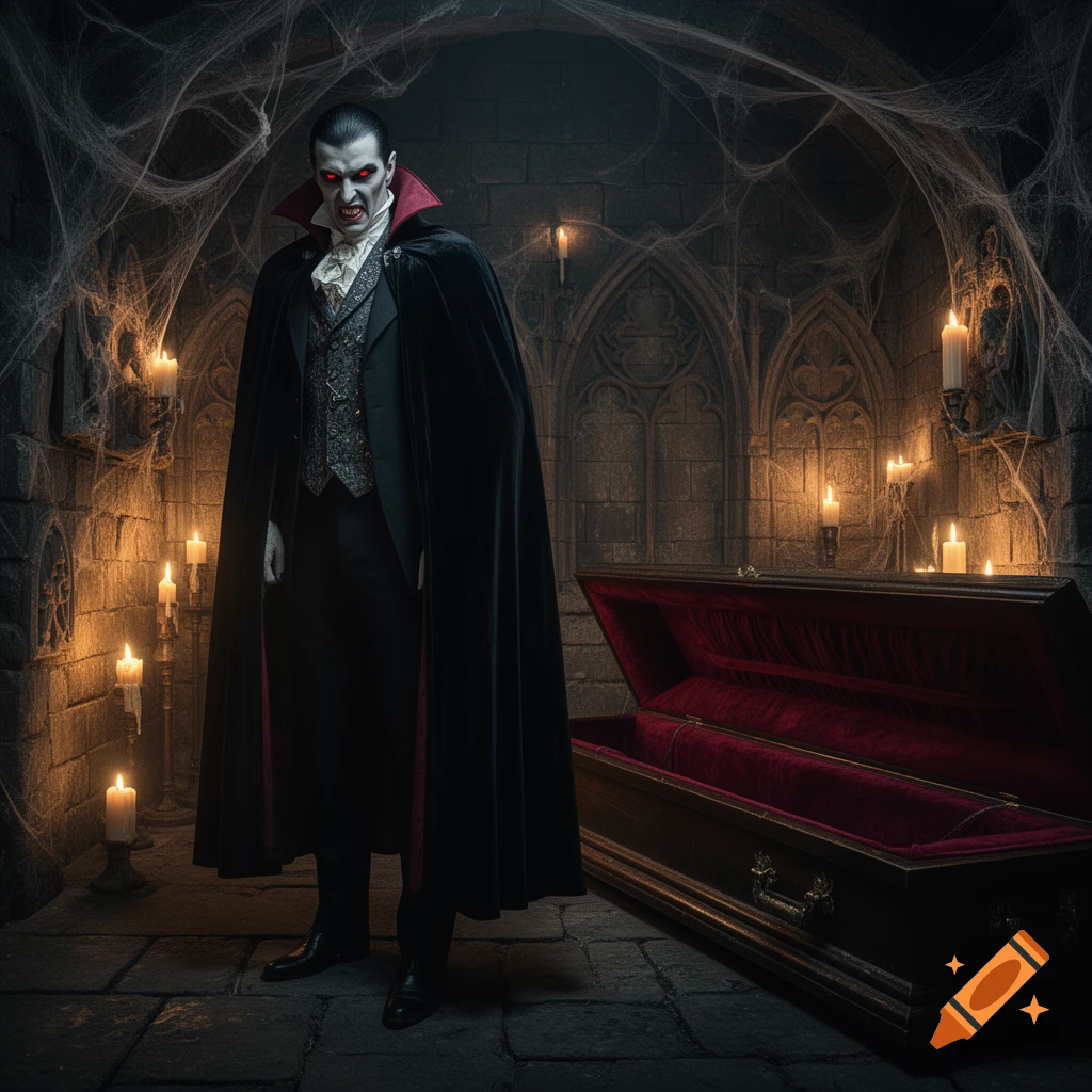 A photorealistic vampire with red eyes and fangs stands beside an open coffin in a candlelit, cobweb-covered gothic crypt.