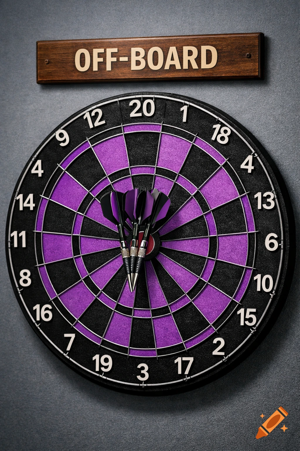 Photorealistic image of a black and purple dartboard with three darts in the bullseye and a wooden sign "OFF-BOARD" above.