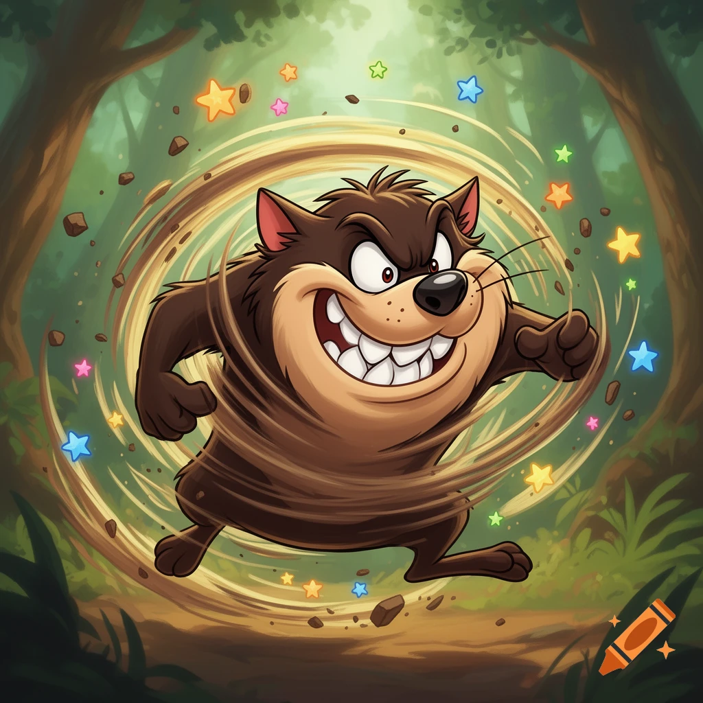 A cartoon illustration of Taz the Tasmanian Devil in a brown whirlwind with colorful stars and rocks, in a forest.