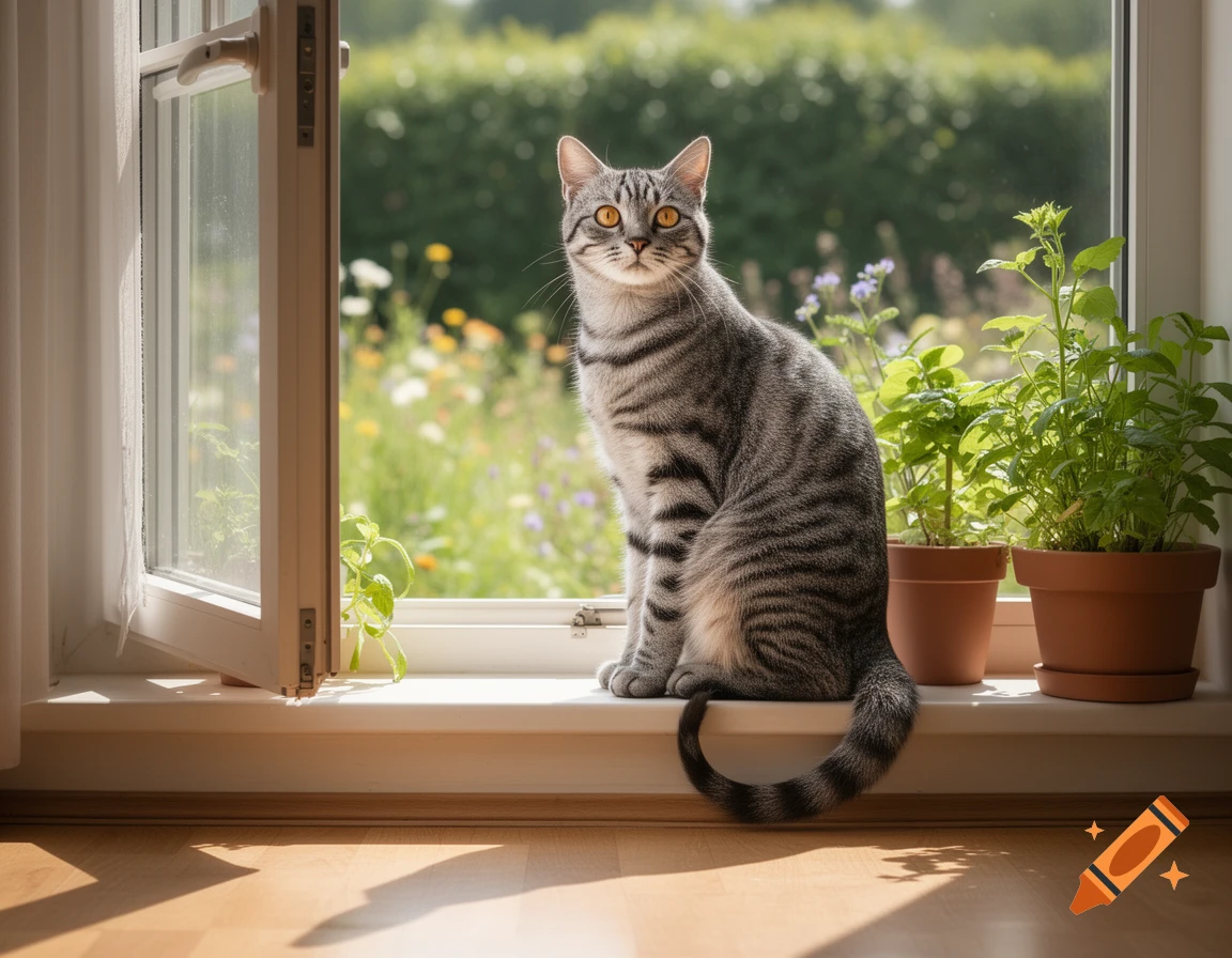 A photorealistic gray tabby cat sitting on a sunlit window sill next to potted plants, looking out at a green garden.