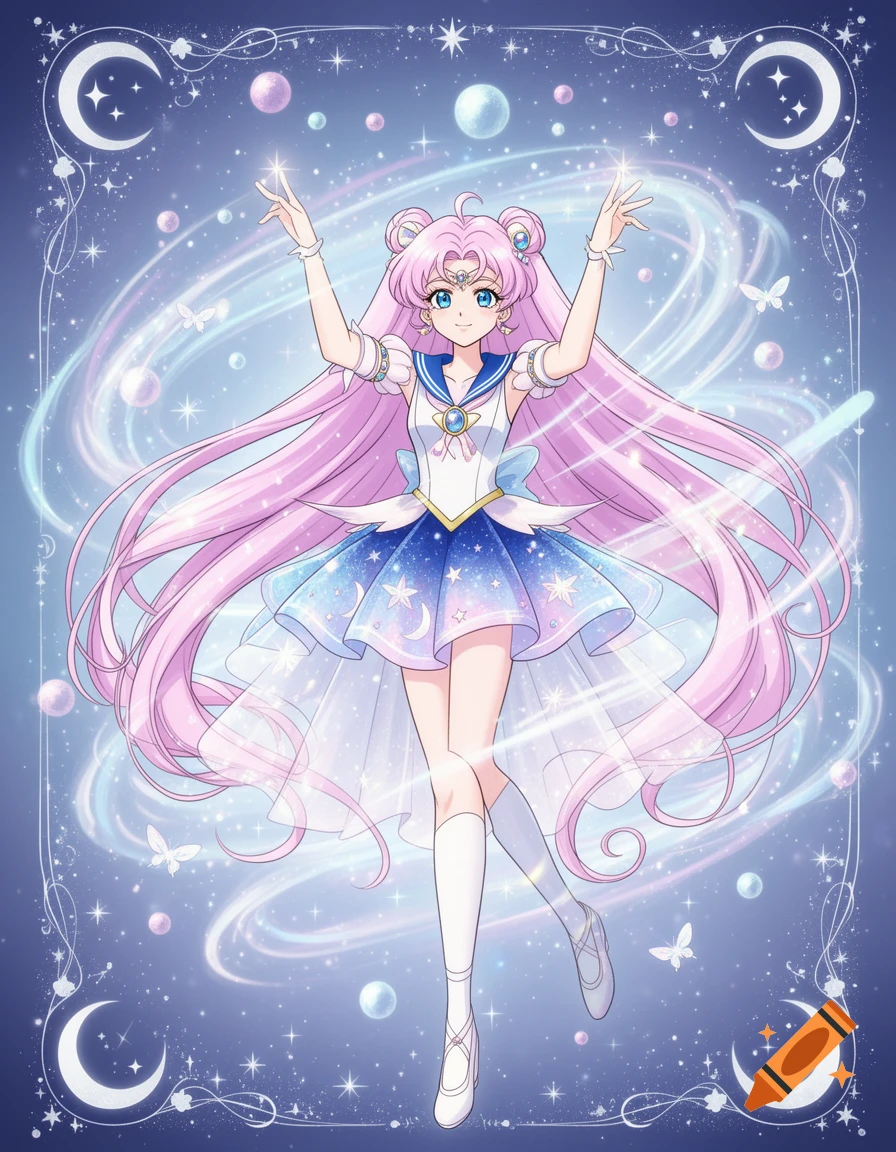 Anime magical girl with long pink hair in a starry blue and white dress, posing against a celestial background with moons and swirling light.