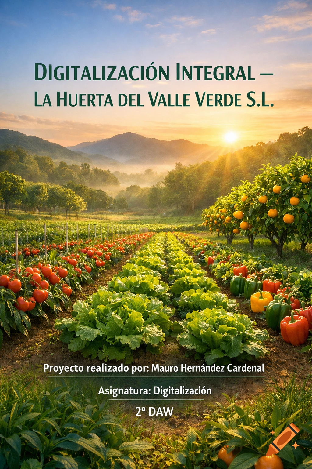 A photorealistic image of a verdant agricultural valley at sunrise, featuring rows of red tomatoes, green lettuce, colorful bell peppers, and orange trees laden with fruit. Text overlay presents a project title.