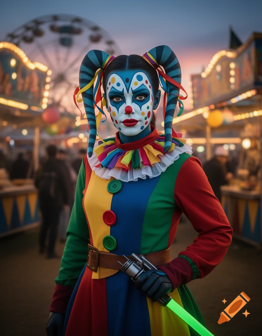 A blue-skinned clown with colorful makeup and costume holds a green lightsaber at a vibrant carnival.