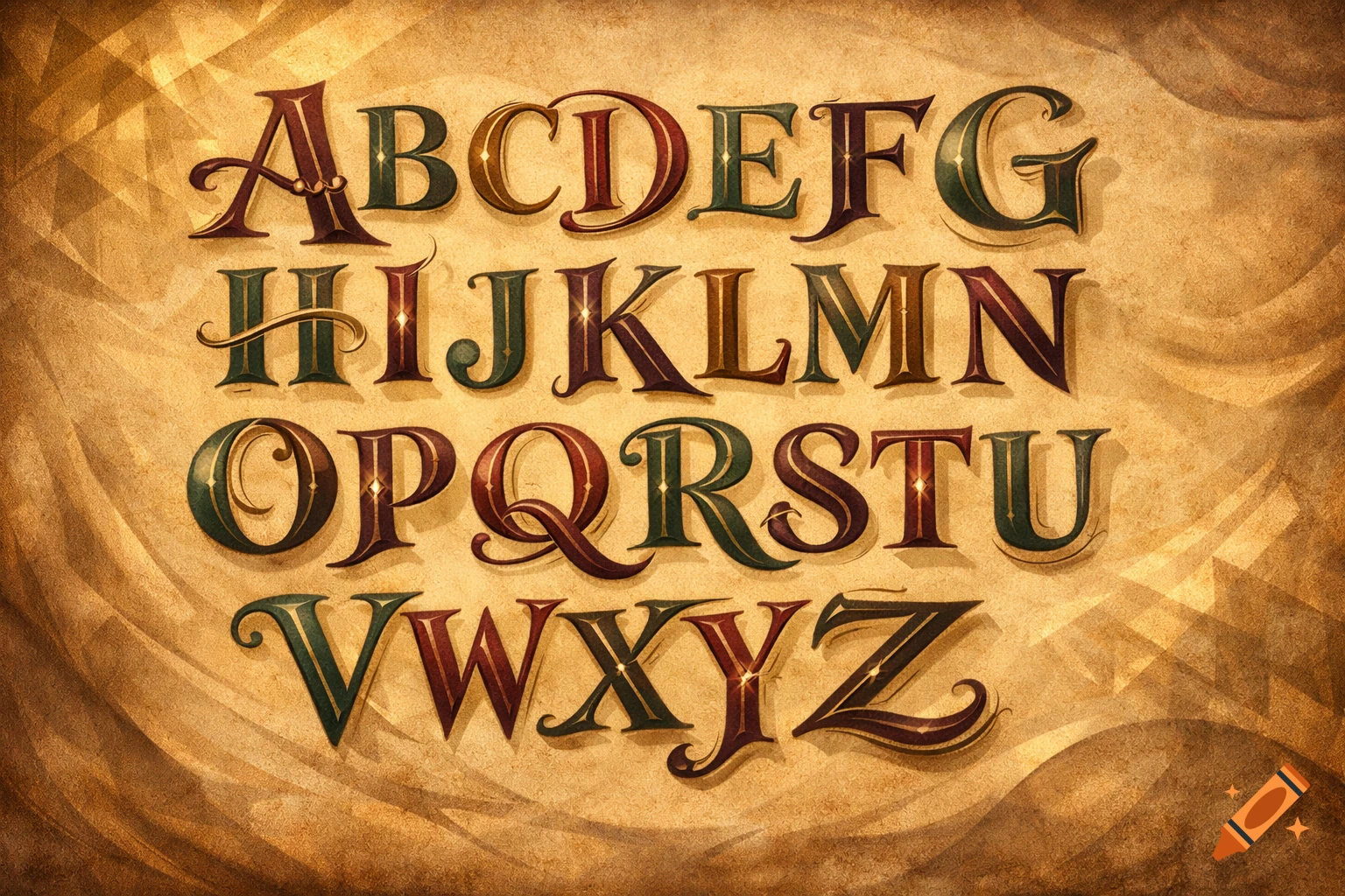 Decorative, ornate alphabet with letters A-Z in two-tone colors on a warm, textured vintage background.