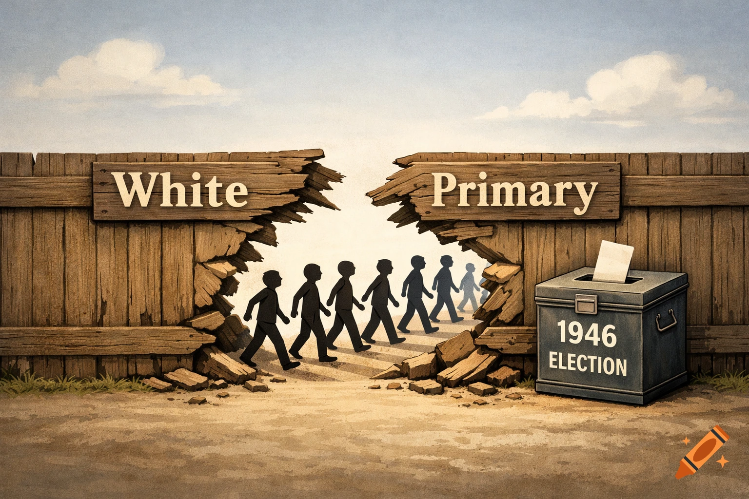 Illustrative painting of a broken wooden fence labeled "White Primary," with silhouettes walking through towards a "1946 Election" ballot box.