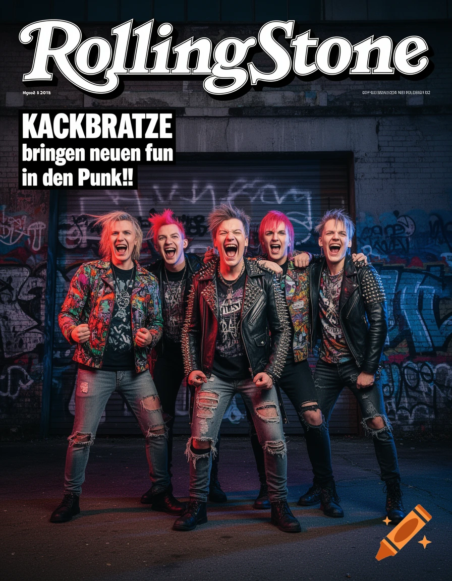 A Rolling Stone magazine cover featuring five male punk rockers with colorful hair and studded jackets posing in an alley with graffiti.