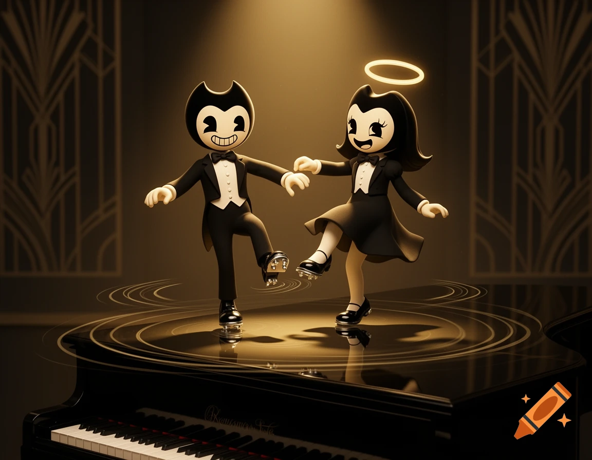 Bendy and Alice Angel, in tuxedos, tap dancing on a grand piano in a stylized, warm-toned art deco setting.