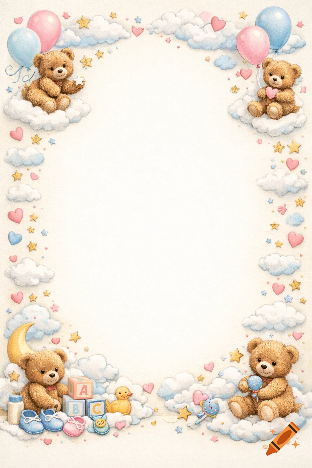 Watercolor baby shower frame with teddy bears, clouds, balloons, stars, hearts, and baby toys, surrounding a blank center.